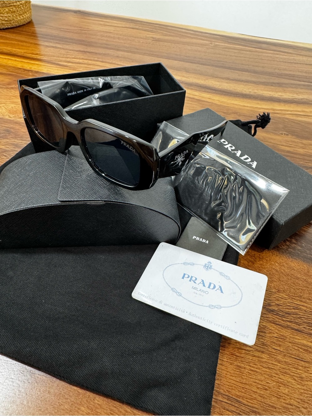 Prada Glossy Black Rectangular Sunglasses with Dark Lenses - Picture 4 of 13